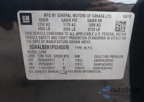 2015 Chevrolet Equinox 1Lt from USA, damaged, VIN 2GNALBEK1F6345076
